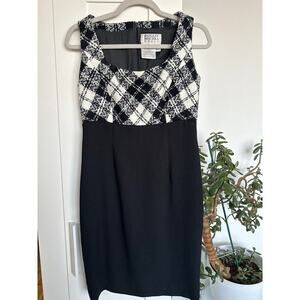 Badgley Mischka Women’s Black & White Plaid Tweed Bodice Sheath Dress Size 6 EUC